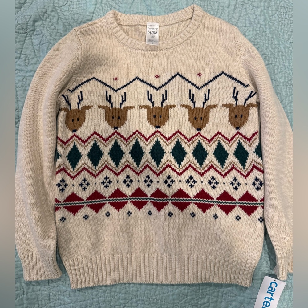 Carter’s Fair Isle Reindeer Sweater Cream Ivory Toddler Size 5T NWT